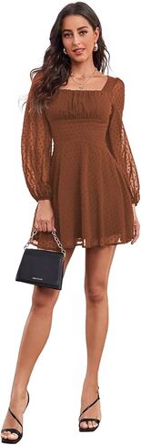 LYANER Women's Polka Dots Square Neck A line Long Sleeve Swiss Dots Mini Dress in Kuwait
