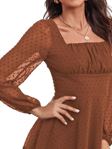 LYANER Women's Polka Dots Square Neck A line Long Sleeve Swiss Dots Mini Dress in Kuwait