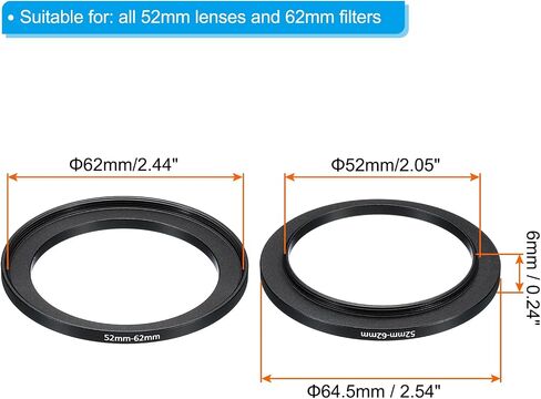 52mm-62mm Metal Step Up Ring, 2 Pack Camera Lens Filter Adapter Ring Aluminum Filter Adapter Ring for Camera Lenses Hood, Black in Saudi Arabia