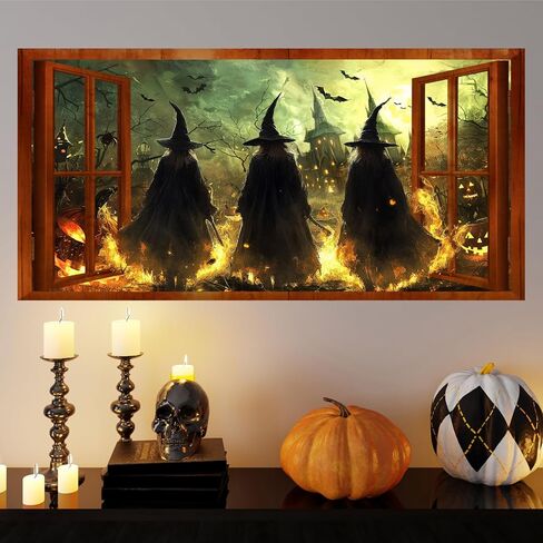 Halloween Witch Wall Stickers 3D Halloween Scene Fake Window Wall Decals Picture Large Holiday Mural Wallpaper Peel and Stick 3D Witches Wall Decor for Bedroom Living Room Home Decoration in Kuwait