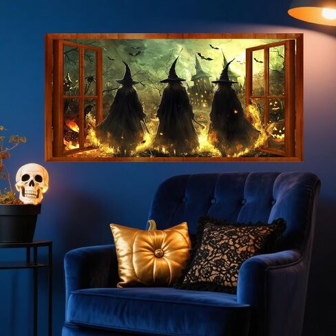Halloween Witch Wall Stickers 3D Halloween Scene Fake Window Wall Decals Picture Large Holiday Mural Wallpaper Peel and Stick 3D Witches Wall Decor for Bedroom Living Room Home Decoration in Kuwait