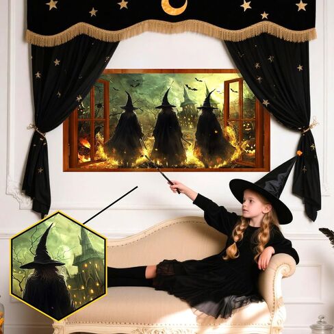 Halloween Witch Wall Stickers 3D Halloween Scene Fake Window Wall Decals Picture Large Holiday Mural Wallpaper Peel and Stick 3D Witches Wall Decor for Bedroom Living Room Home Decoration in Kuwait