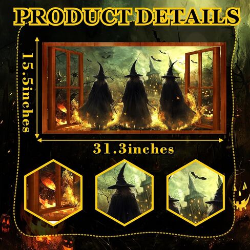Halloween Witch Wall Stickers 3D Halloween Scene Fake Window Wall Decals Picture Large Holiday Mural Wallpaper Peel and Stick 3D Witches Wall Decor for Bedroom Living Room Home Decoration in Kuwait