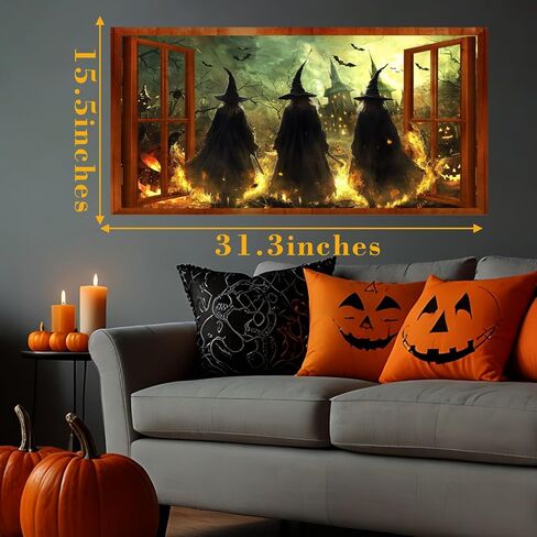 Halloween Witch Wall Stickers 3D Halloween Scene Fake Window Wall Decals Picture Large Holiday Mural Wallpaper Peel and Stick 3D Witches Wall Decor for Bedroom Living Room Home Decoration in Kuwait