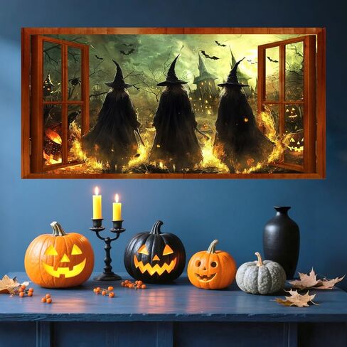 Halloween Witch Wall Stickers 3D Halloween Scene Fake Window Wall Decals Picture Large Holiday Mural Wallpaper Peel and Stick 3D Witches Wall Decor for Bedroom Living Room Home Decoration in Kuwait