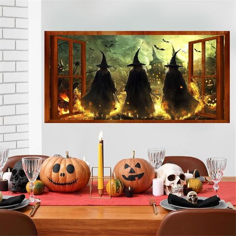 Halloween Witch Wall Stickers 3D Halloween Scene Fake Window Wall Decals Picture Large Holiday Mural Wallpaper Peel and Stick 3D Witches Wall Decor for Bedroom Living Room Home Decoration in Kuwait