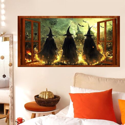 Halloween Witch Wall Stickers 3D Halloween Scene Fake Window Wall Decals Picture Large Holiday Mural Wallpaper Peel and Stick 3D Witches Wall Decor for Bedroom Living Room Home Decoration in Kuwait