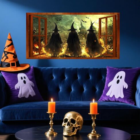Halloween Witch Wall Stickers 3D Halloween Scene Fake Window Wall Decals Picture Large Holiday Mural Wallpaper Peel and Stick 3D Witches Wall Decor for Bedroom Living Room Home Decoration in Kuwait