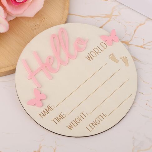 علامة إعلان حديثي الولادة ، 5.31 بوصة الوردي Hello World Wooden New Baby Welcom in Kuwait
