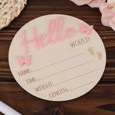 علامة إعلان حديثي الولادة ، 5.31 بوصة الوردي Hello World Wooden New Baby Welcom in Kuwait