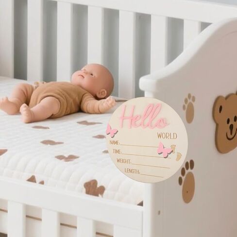 علامة إعلان حديثي الولادة ، 5.31 بوصة الوردي Hello World Wooden New Baby Welcom in Kuwait