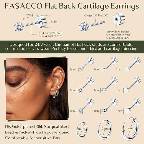 FASACCO أقراط صغيرة صغيرة مرصعة بالذهب 18K طقم أقراط من الفولاذ المقاوم للصدأ لأقراط ثقب الغضروف المتعددة in Kuwait