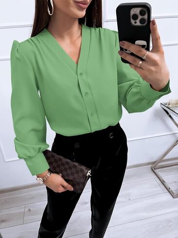 Women's Business Casual Tops Summer Long Sleeve Silk Button Down Shirts V Neck Chiffon Blouses… in Kuwait