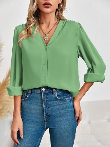 Women's Business Casual Tops Summer Long Sleeve Silk Button Down Shirts V Neck Chiffon Blouses… in Kuwait