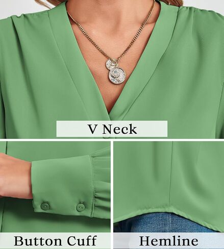 Women's Business Casual Tops Summer Long Sleeve Silk Button Down Shirts V Neck Chiffon Blouses… in Kuwait