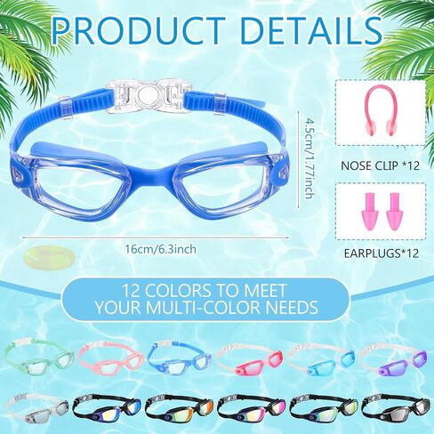 12 Pack Swim Goggles for Adult Anti Fog Swimming Glasses Leak Proof Swim Equipment with 12 Waterproof Nose Clips and Earplugs for Men Women Kids Youth in Saudi Arabia