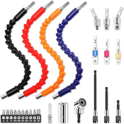 PRIDE&CRAFT 26Pcs Bike Repair Flexible Drill Bit Extension Set,105° Right Angle Drill Attachmentt,1/4 3/8 1/2"Impact Driver Rotatable Socket Adapter,Bits Holder,Bendable Drill Bit Extension Tool Set in Saudi Arabia