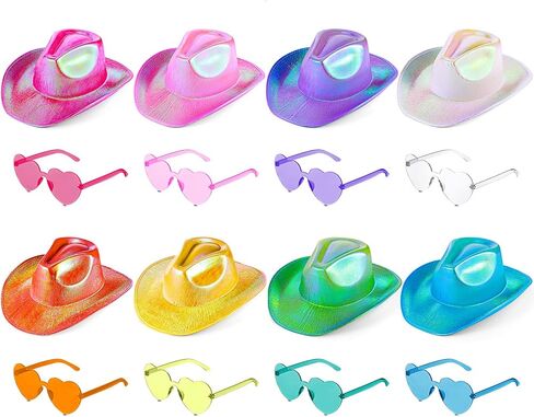 Xtinmee 32 Pcs Space Cowgirl Hats Light up for Women 16 Holographic Hat with 16 Rimless Heart Sunglasses Halloween Cow Girl Costume Accessories Colors Neon Sparkly Cowgirl Hat for Party in Saudi Arabia