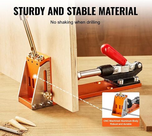 VEVOR Pocket Hole Jig، 56 قطعة نظام ثقب الجيب الصغير مع مشبك C 9 بوصة، مثقاب خطوة، مفتاح ربط، حلقة إيقاف الحفر، لقمة محرك مربعة، ومسامير، لمشاريع النجارة DIY in Kuwait