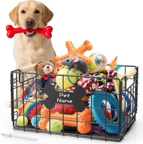 Dog Toy Basket, Chew-Proof Metal Dog Toy Bin with Handles, Pet Stuff Storage Organizer Box for Dogs with Marker Pen, Portable & Foldable Puppy Toys Basket for Living Room, 15.8''×11.8''×11.8'' in Kuwait