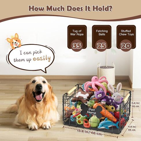 Dog Toy Basket, Chew-Proof Metal Dog Toy Bin with Handles, Pet Stuff Storage Organizer Box for Dogs with Marker Pen, Portable & Foldable Puppy Toys Basket for Living Room, 15.8''×11.8''×11.8'' in Kuwait