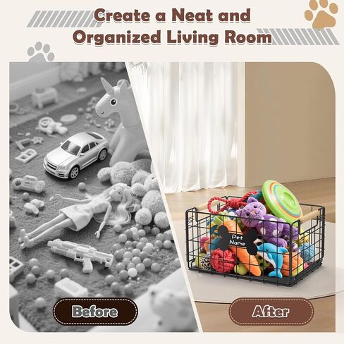 Dog Toy Basket, Chew-Proof Metal Dog Toy Bin with Handles, Pet Stuff Storage Organizer Box for Dogs with Marker Pen, Portable & Foldable Puppy Toys Basket for Living Room, 15.8''×11.8''×11.8'' in Kuwait