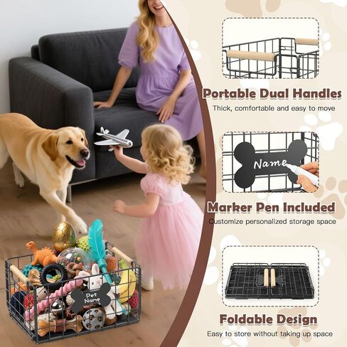 Dog Toy Basket, Chew-Proof Metal Dog Toy Bin with Handles, Pet Stuff Storage Organizer Box for Dogs with Marker Pen, Portable & Foldable Puppy Toys Basket for Living Room, 15.8''×11.8''×11.8'' in Kuwait