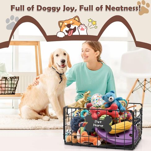 Dog Toy Basket, Chew-Proof Metal Dog Toy Bin with Handles, Pet Stuff Storage Organizer Box for Dogs with Marker Pen, Portable & Foldable Puppy Toys Basket for Living Room, 15.8''×11.8''×11.8'' in Kuwait