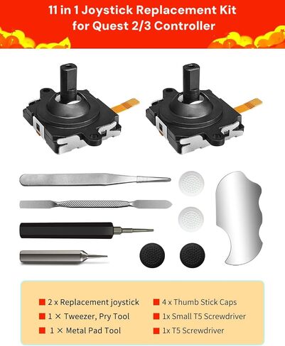 Joystick Replacement Kit for Oculus Quest 2/3 Controller, Repair Kit for Meta Quest 2/3 Controller, Include 2 Joysticks, T5 Screwdriver, Tweezer, Pry Tool, 4 Thumbstick Grips (Black-11-in one) in Kuwait