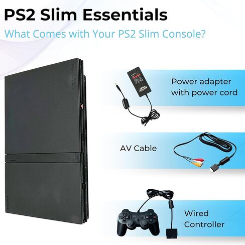 Sony Black Premium PS2 Slim Console - PlayStation 2 مع وحدة تحكم ، كابل AV ، سلك الطاقة (متجدد) in Saudi Arabia