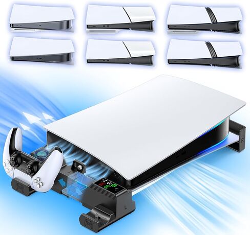 PS5/Slim/Pro أفقي حامل مع مروحة التبريد والشاحن لوحدات التحكم الأصلية والحافة ، قاعدة التصميم القابل للتطوير PS5 مع رغبات EVA لجميع قرص PS 5 و Digital ، PS 5 SIDEWAYS WHITE in Kuwait