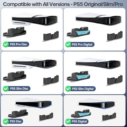PS5/Slim/Pro أفقي حامل مع مروحة التبريد والشاحن لوحدات التحكم الأصلية والحافة ، قاعدة التصميم القابل للتطوير PS5 مع رغبات EVA لجميع قرص PS 5 و Digital ، PS 5 SIDEWAYS WHITE in Kuwait