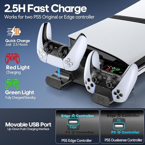 PS5/Slim/Pro أفقي حامل مع مروحة التبريد والشاحن لوحدات التحكم الأصلية والحافة ، قاعدة التصميم القابل للتطوير PS5 مع رغبات EVA لجميع قرص PS 5 و Digital ، PS 5 SIDEWAYS WHITE in Kuwait