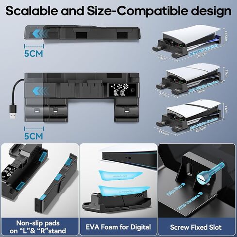 PS5/Slim/Pro أفقي حامل مع مروحة التبريد والشاحن لوحدات التحكم الأصلية والحافة ، قاعدة التصميم القابل للتطوير PS5 مع رغبات EVA لجميع قرص PS 5 و Digital ، PS 5 SIDEWAYS WHITE in Kuwait
