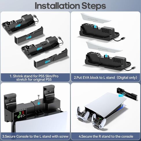 PS5/Slim/Pro أفقي حامل مع مروحة التبريد والشاحن لوحدات التحكم الأصلية والحافة ، قاعدة التصميم القابل للتطوير PS5 مع رغبات EVA لجميع قرص PS 5 و Digital ، PS 5 SIDEWAYS WHITE in Kuwait