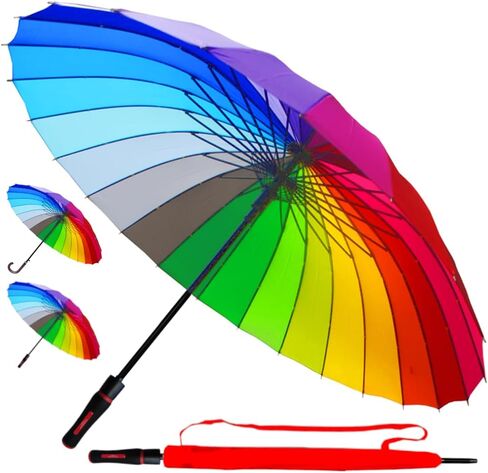 COLLAR AND CUFFS LONDON - 24 Ribs for Super-Strength - Windproof 60mph Extra Strong - Triple Layer Reinforced Frame with Fiberglass - Auto - Hook Handle Wood - Rainbow Canopy Umbrella in Saudi Arabia