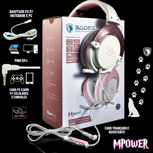 SADES MPOWER Stereo Gaming Headset for PS4, PC, Mobile, Noise Cancelling Over Ear Headphones with Retractable and Flexible Mic & Soft Memory Earmuffs for Laptop Nintendo Switch Games-Angel Edition in Kuwait