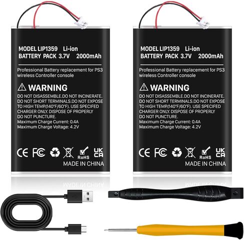 بطارية وحدة تحكم PS3 ، 2 PCS LIP1395 استبدال البطارية لـ Sony PS3 PlayStation Cechzc2e Cechzc2u Controller مع كابل USB (2000 مللي أمبير في الساعة) in Kuwait
