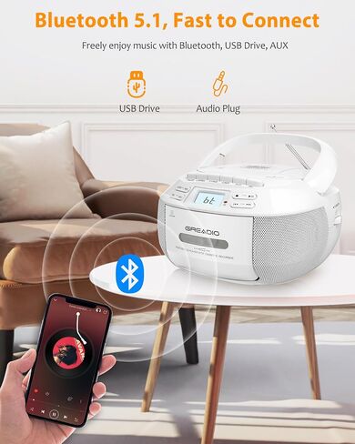 GREADIO CD Player Player Boombox Cassette Player مع Bluetooth ، راديو AM/FM ، صوت استريو مع التحكم عن بُعد ، محرك AUX/USB ، تسجيل الشريط ، AC/DC مدعوم ، مقبس سماعة الرأس ، شاشة LCD للمنزل ، الأطفال ، الهدية in Kuwait