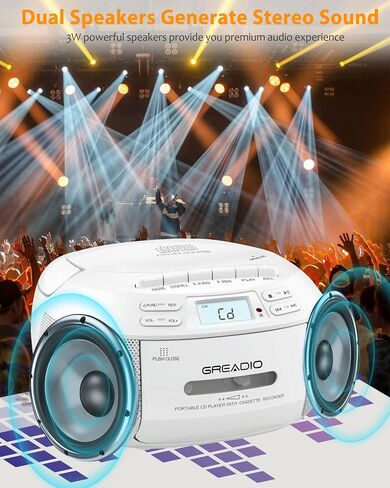 GREADIO CD Player Player Boombox Cassette Player مع Bluetooth ، راديو AM/FM ، صوت استريو مع التحكم عن بُعد ، محرك AUX/USB ، تسجيل الشريط ، AC/DC مدعوم ، مقبس سماعة الرأس ، شاشة LCD للمنزل ، الأطفال ، الهدية in Kuwait