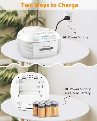 GREADIO CD Player Player Boombox Cassette Player مع Bluetooth ، راديو AM/FM ، صوت استريو مع التحكم عن بُعد ، محرك AUX/USB ، تسجيل الشريط ، AC/DC مدعوم ، مقبس سماعة الرأس ، شاشة LCD للمنزل ، الأطفال ، الهدية in Kuwait