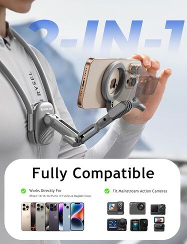 Magic John Magnetic Neck Mount للهواتف/كاميرا الحركة ، حامل الهاتف الخلوي POV/VLOG Selfie Mount Strap Strap Recording for iPhone Samsung Home Akaso/Go Pro/Insta360x5/DJI360 Camera in Kuwait