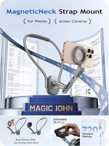 Magic John Magnetic Neck Mount للهواتف/كاميرا الحركة ، حامل الهاتف الخلوي POV/VLOG Selfie Mount Strap Strap Recording for iPhone Samsung Home Akaso/Go Pro/Insta360x5/DJI360 Camera in Kuwait