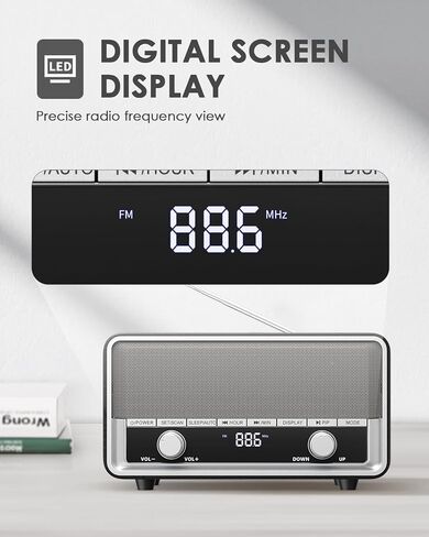 Retro Am FM Radio Plug in Wall Digital Clock Radio لغرفة النوم مع شاشة LCD | 40 الإعدادات المسبقة | مؤقت النوم ، مكبر صوت بلوتوث الرجعية للمكتب ، خشب هدية رائعة in Kuwait