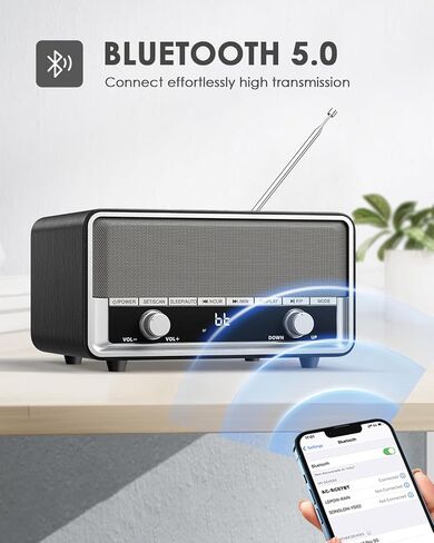 Retro Am FM Radio Plug in Wall Digital Clock Radio لغرفة النوم مع شاشة LCD | 40 الإعدادات المسبقة | مؤقت النوم ، مكبر صوت بلوتوث الرجعية للمكتب ، خشب هدية رائعة in Kuwait