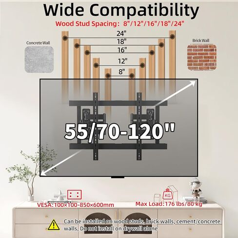 Full Motion Corner TV Wall Mount for 37-100 inch TVs，Heavy Duty 176 lbs,Extension & Swivel Articulating Arm & Tilt,Universal Wall Mount,VESA from 100x100 to 850x600 in Saudi Arabia