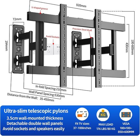 Full Motion Corner TV Wall Mount for 37-100 inch TVs，Heavy Duty 176 lbs,Extension & Swivel Articulating Arm & Tilt,Universal Wall Mount,VESA from 100x100 to 850x600 in Saudi Arabia