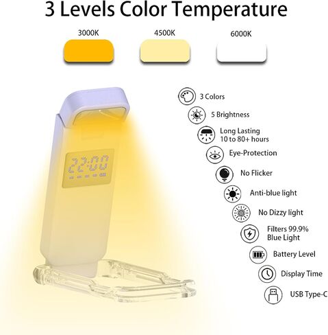 SFV Digital Book Lights for Reading at Night, USB Rechargeable Reading Lights for Books in Bed Clip-on, 3 Colors & 5 Brightness Dimmable, Compact & 80H Long Lasting for Book Lovers, Kids, Black in Kuwait