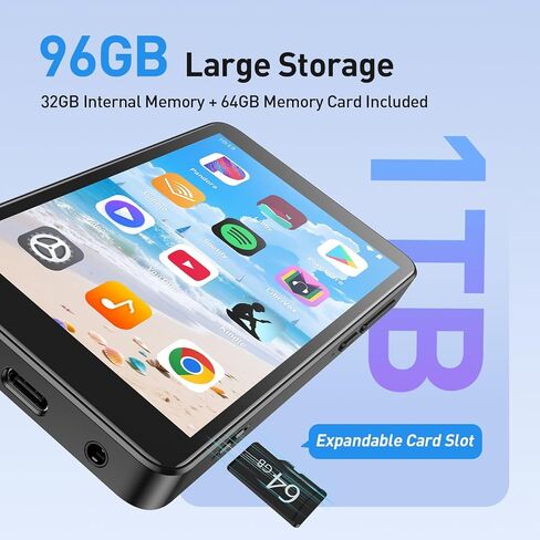 AGPTEK 96GB MP3 Player with Bluetooth and WiFi, T08X 4'' Android 14 MP4 Music Player with Spotify, Audible, APP Store, Up to 1TB, Black in Saudi Arabia
