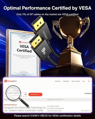 كبل Ivanky 8K DisplayPort 1.4 ، VESA Certified DP Cable 6.6ft (8K@60Hz ، 4K@144Hz ، 2K@240Hz) HBR3 دعم 32.4 جيجابت في الثانية ، HDR ، HDCP 2.2 ، FreeSync G-Sync ، منفذ عرض مضغوط لمراقبة الألعاب ، الرسومات ، الكمبيوتر الشخصي. in Kuwait